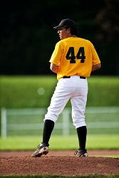 High school pitcher in the set position