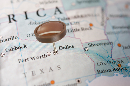 Map of Texas with fooball pin in Dalls