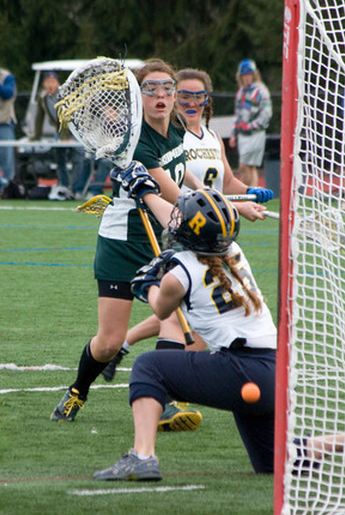 Girl's lacrosse player taking shot on goal