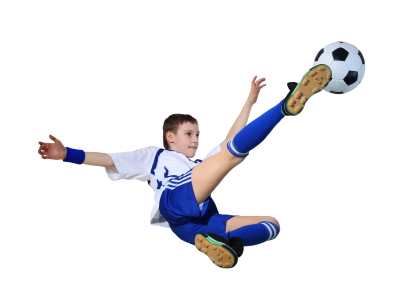 Young soccer player making acrobatic kick