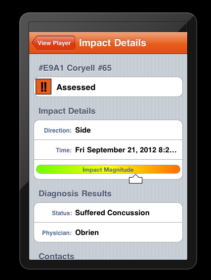 Screen shot from iPad showing Shockbox sensor data