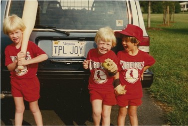 Triplets in St. Louis Cardinals baseball t-shirts and hats